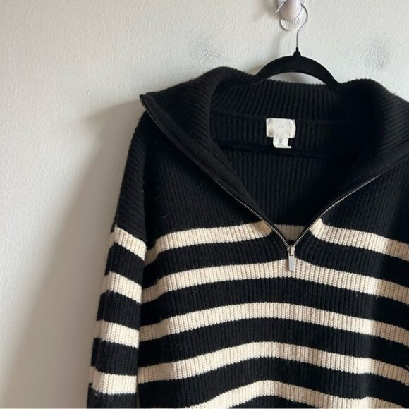 H&M Sz S Nautical Coastal Knit Black And White Strip 1 4 Zip Relaxed Sweater - Picture 2 of 9